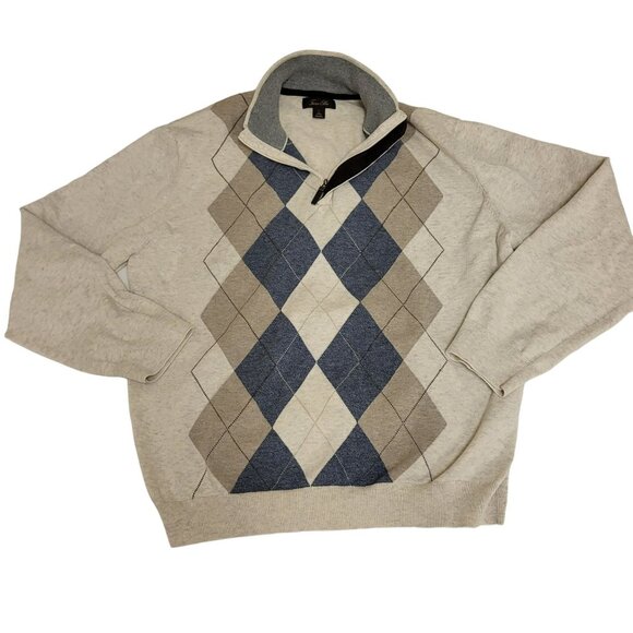 Tasso Elba Quarter Zip Sweater Argyle Men's L Tan Blue Cream Tan - Picture 1 of 13